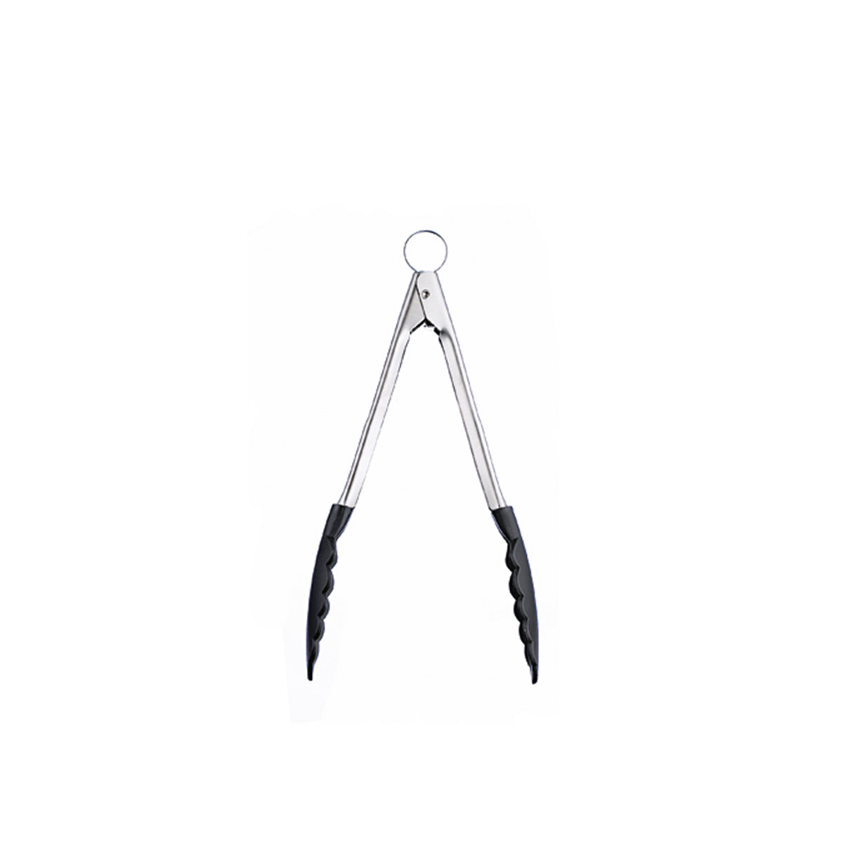 Black CUISIPRO cooking tongs with stainless steel handles, showing a close-up of the tongs open ready for use.