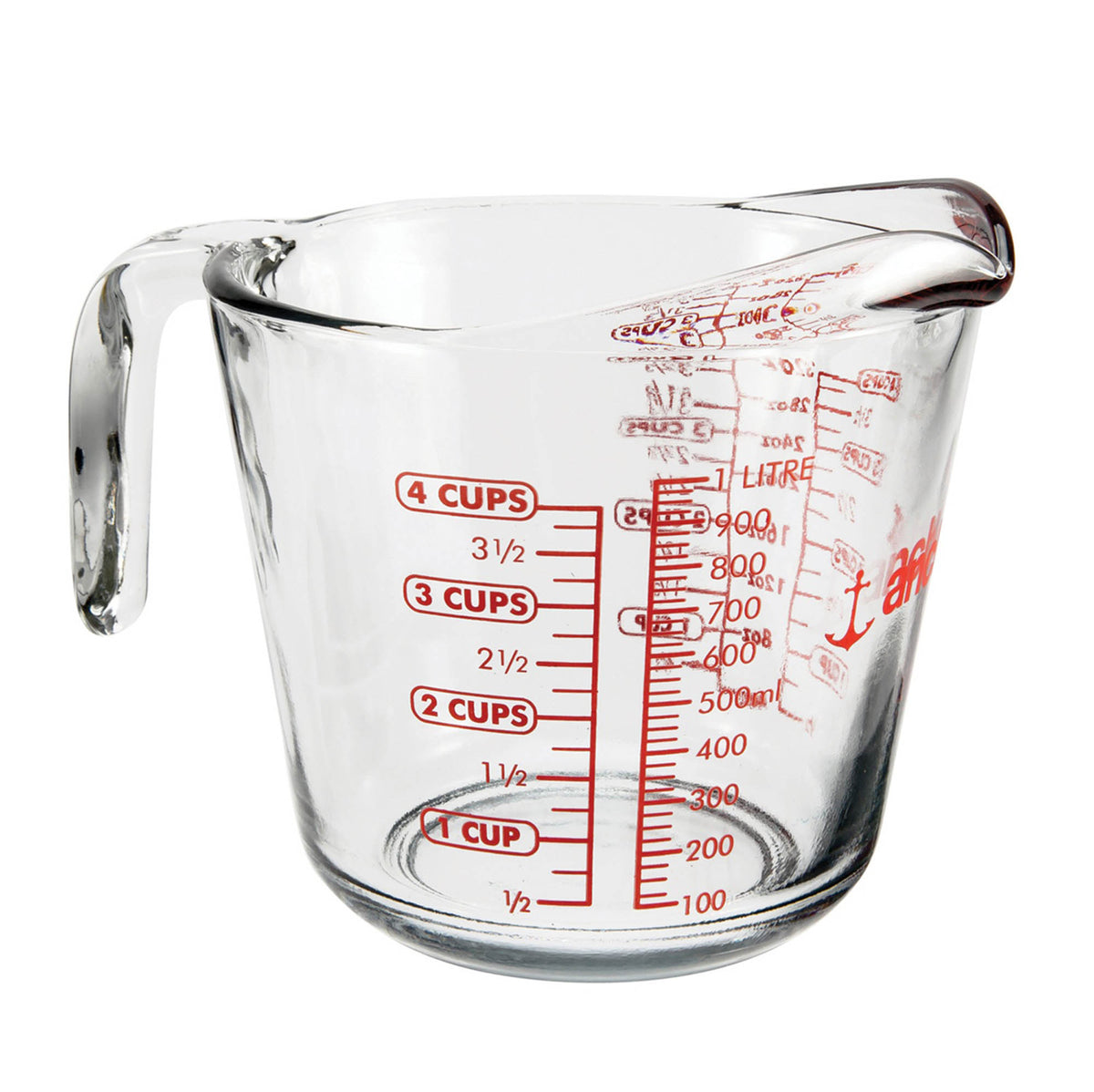 Anchor Hocking glass measuring cup with clear measurement markings and handle for precise liquid measurement.
