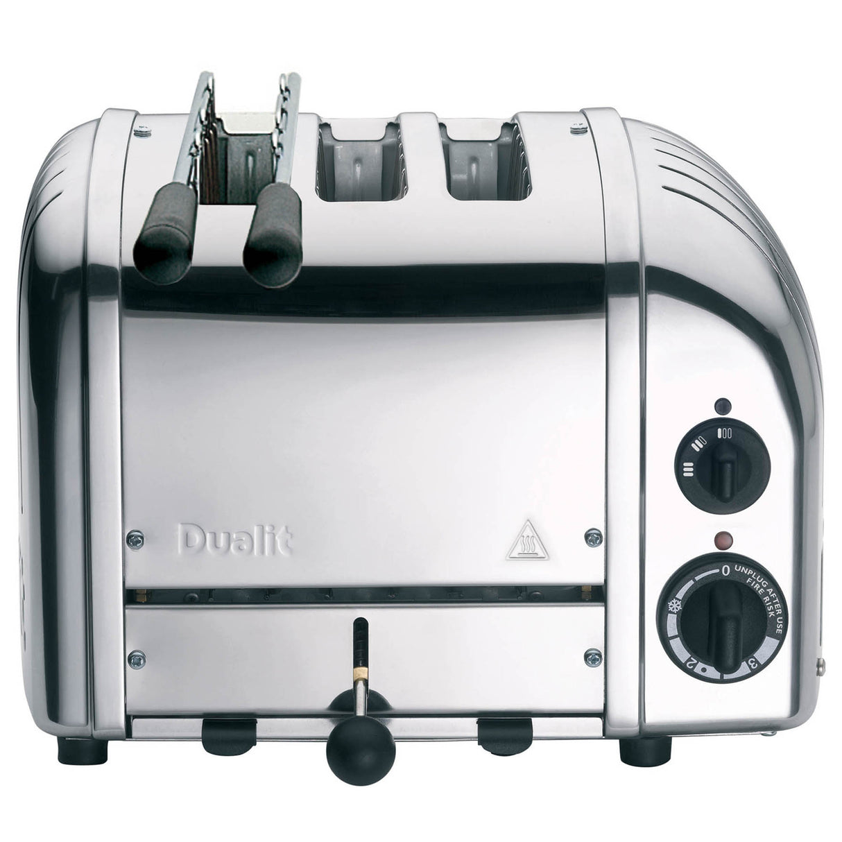 Dualit 2-in-1 Kombi-Toaster aus poliertem Metall mit Platz für zwei Scheiben, vielseitiger Toaster für knuspriges Frühstück.