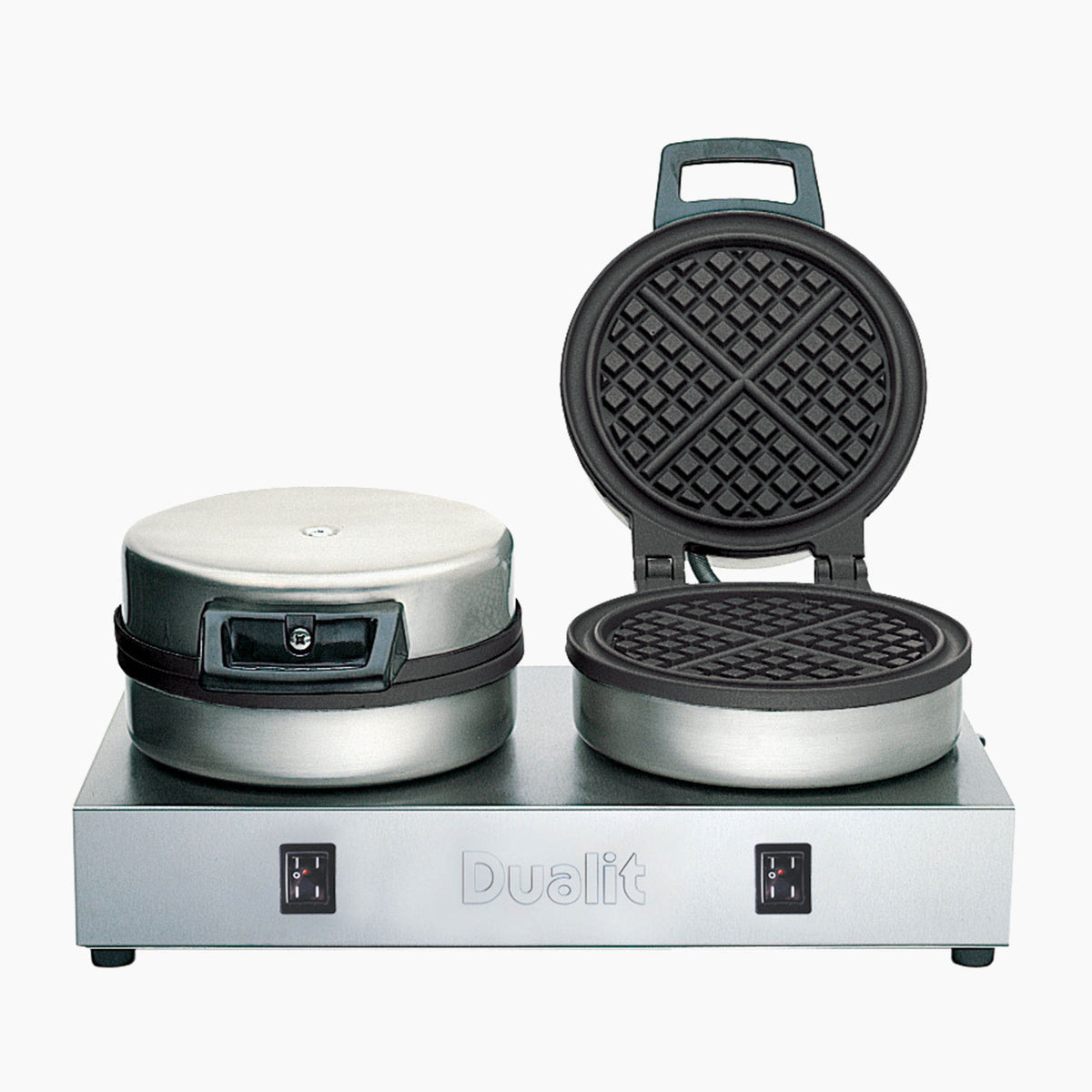Polished DUALIT contact waffle iron for catering, showing the shiny, professional waffle maker with dual cooking plates.
