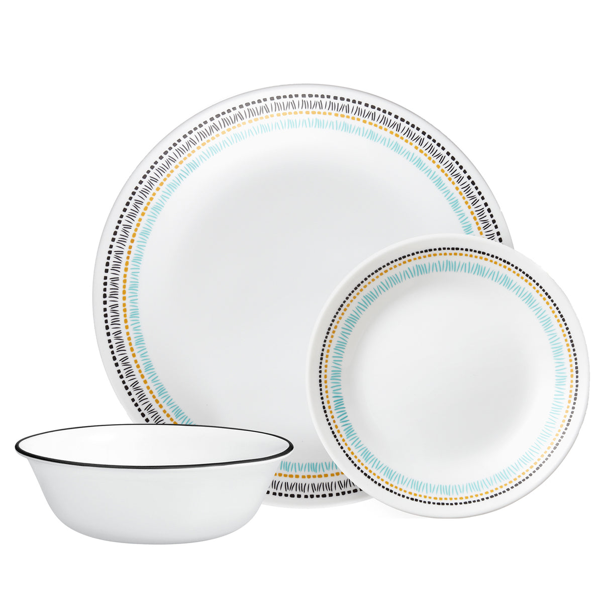 Corelle Paloma white dinnerware with colorful graphic pattern, includes plates and bowls, durable ceramic tableware.