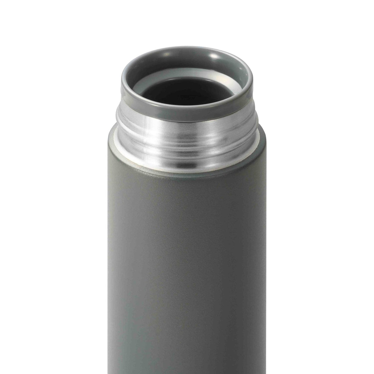 Kyocera slim gray insulated bottle, Isolierflasche, with a sleek design and secure lid for hot and cold beverages.