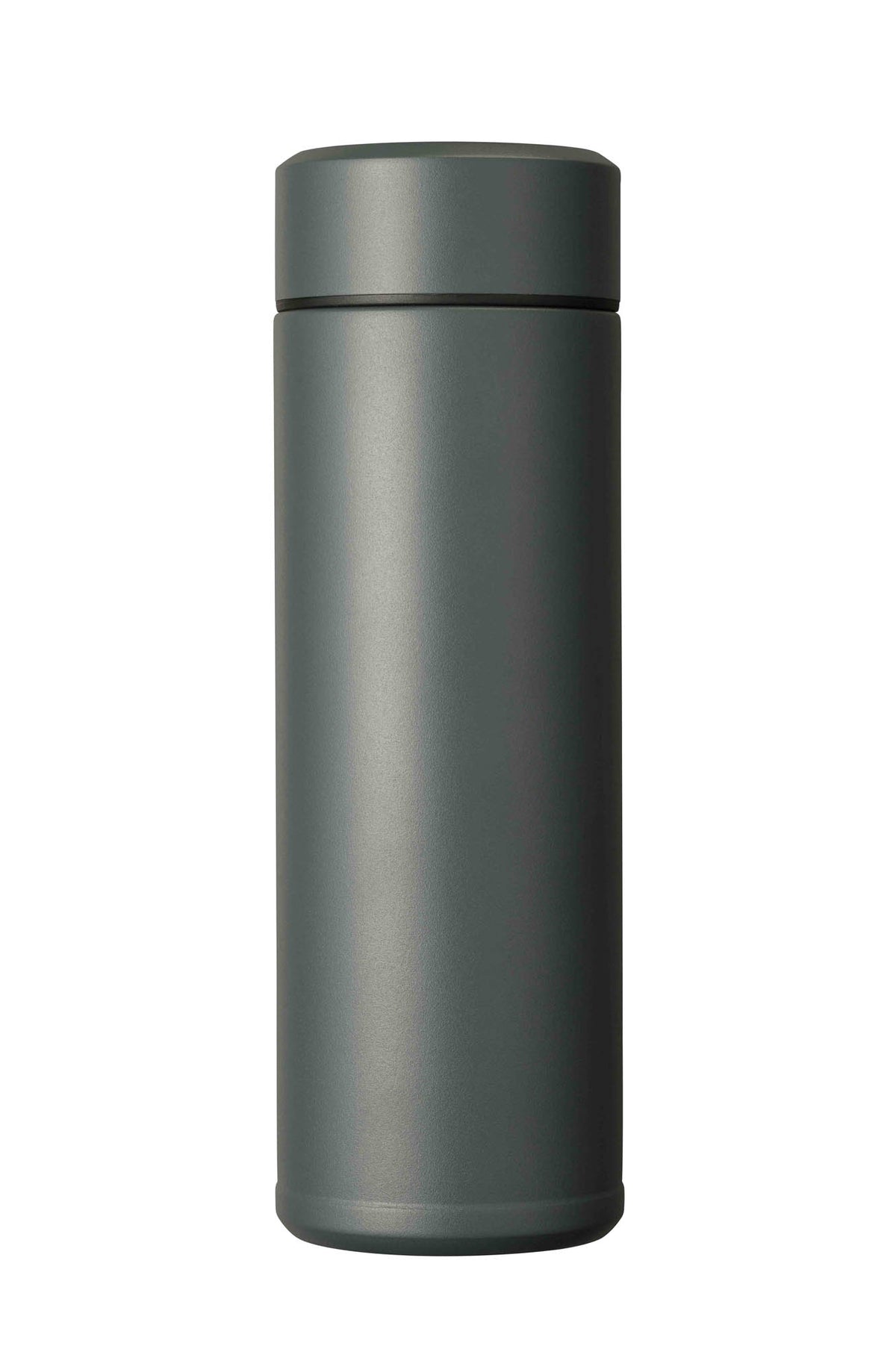 Kyocera slim gray insulated bottle with screw-top lid, designed for hot and cold beverages, compact and lightweight.