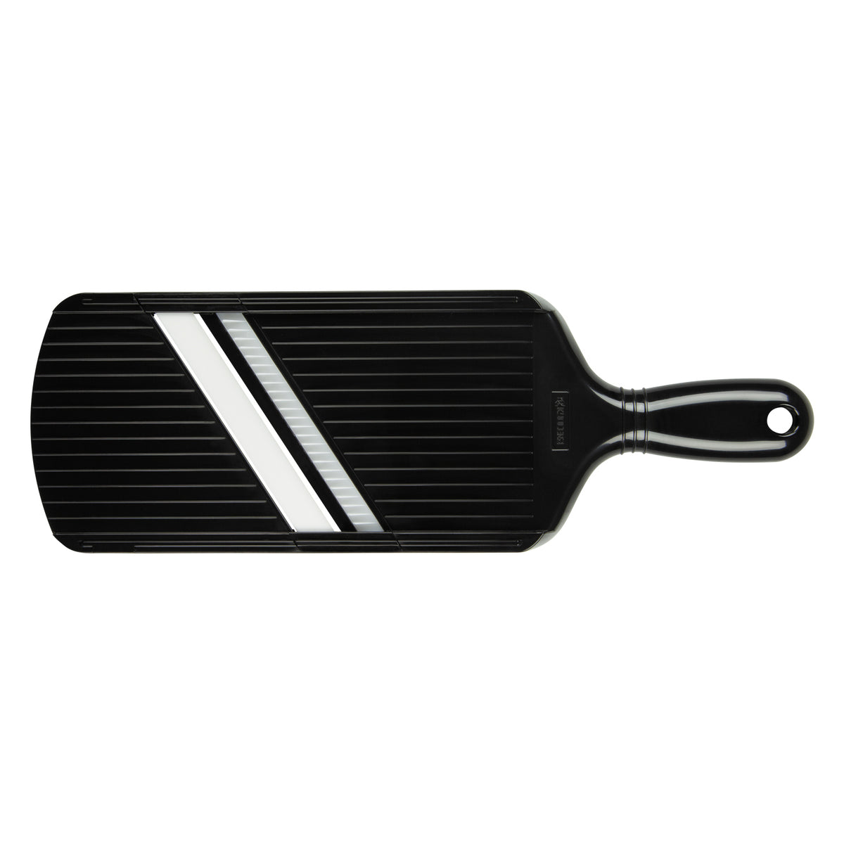 KYOCERA black julienne vegetable peeler hobel with stainless steel blade for preparing garnishes and salads.