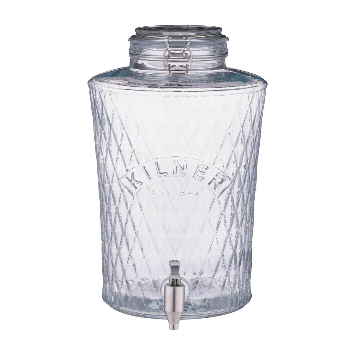 KILNER Diamond drink dispenser with clear glass body and metal spigot for serving beverages at parties or gatherings.