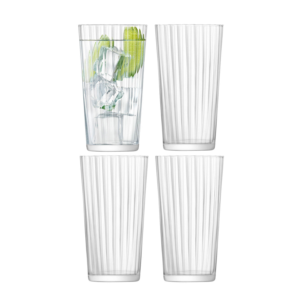 Set of four clear LSA GIO LINE longdrink glasses with 320ml capacity, stylish and modern for serving beverages.