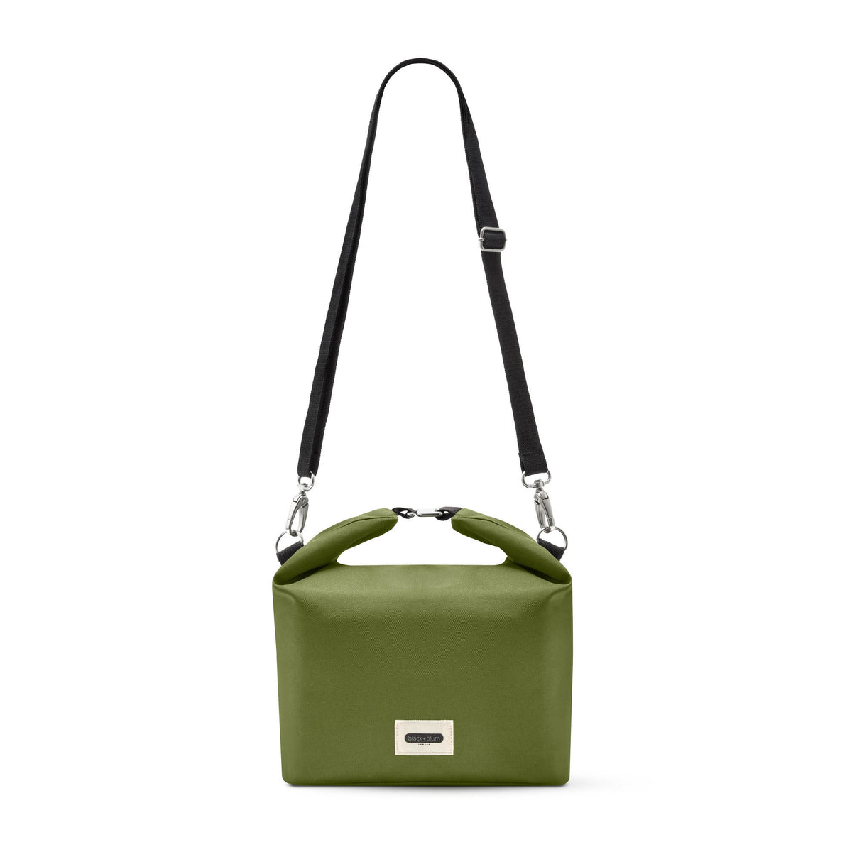BLACK+BLUM insulated lunchbag with black exterior and adjustable shoulder strap, designed for carrying lunch in a 10L capacity.