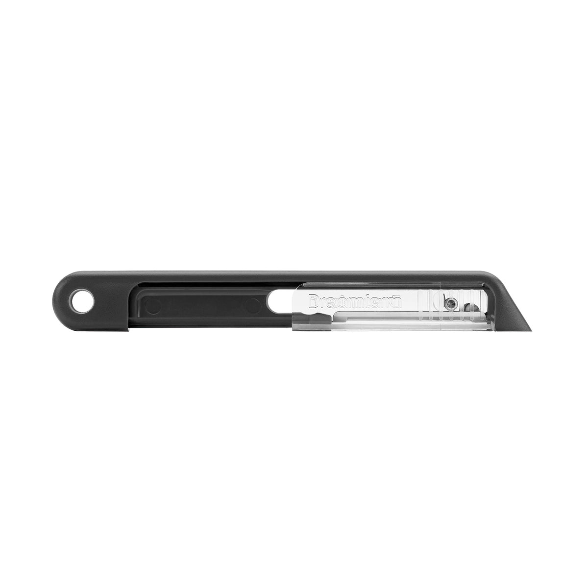 DREAMFARM Sharple black vegetable peeler with ergonomic handle and stainless steel blade for easy peeling.