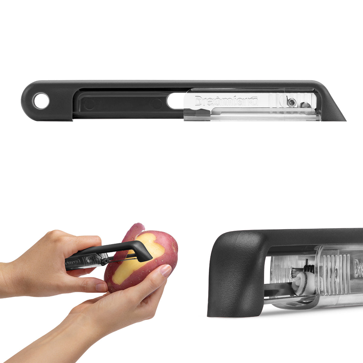 DREAMFARM Sharple vegetable peeler with black handle, ergonomic design, and stainless steel blade for easy peeling.