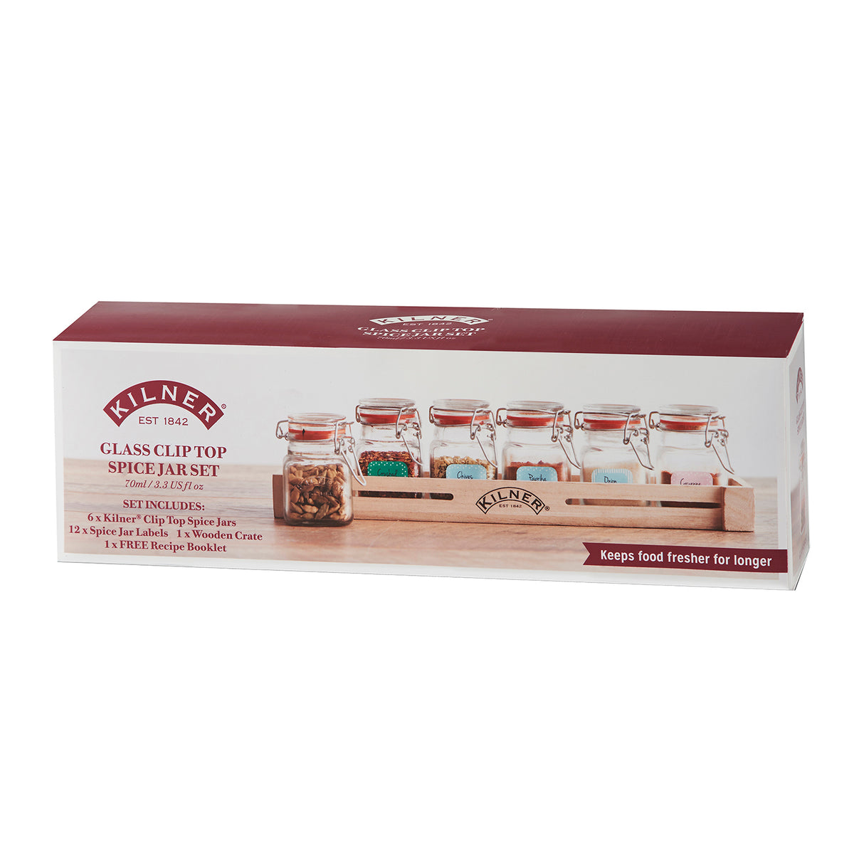 6 Gewürzgläser mit Bügelverschluss im Holzkasten, Länge 33 cm