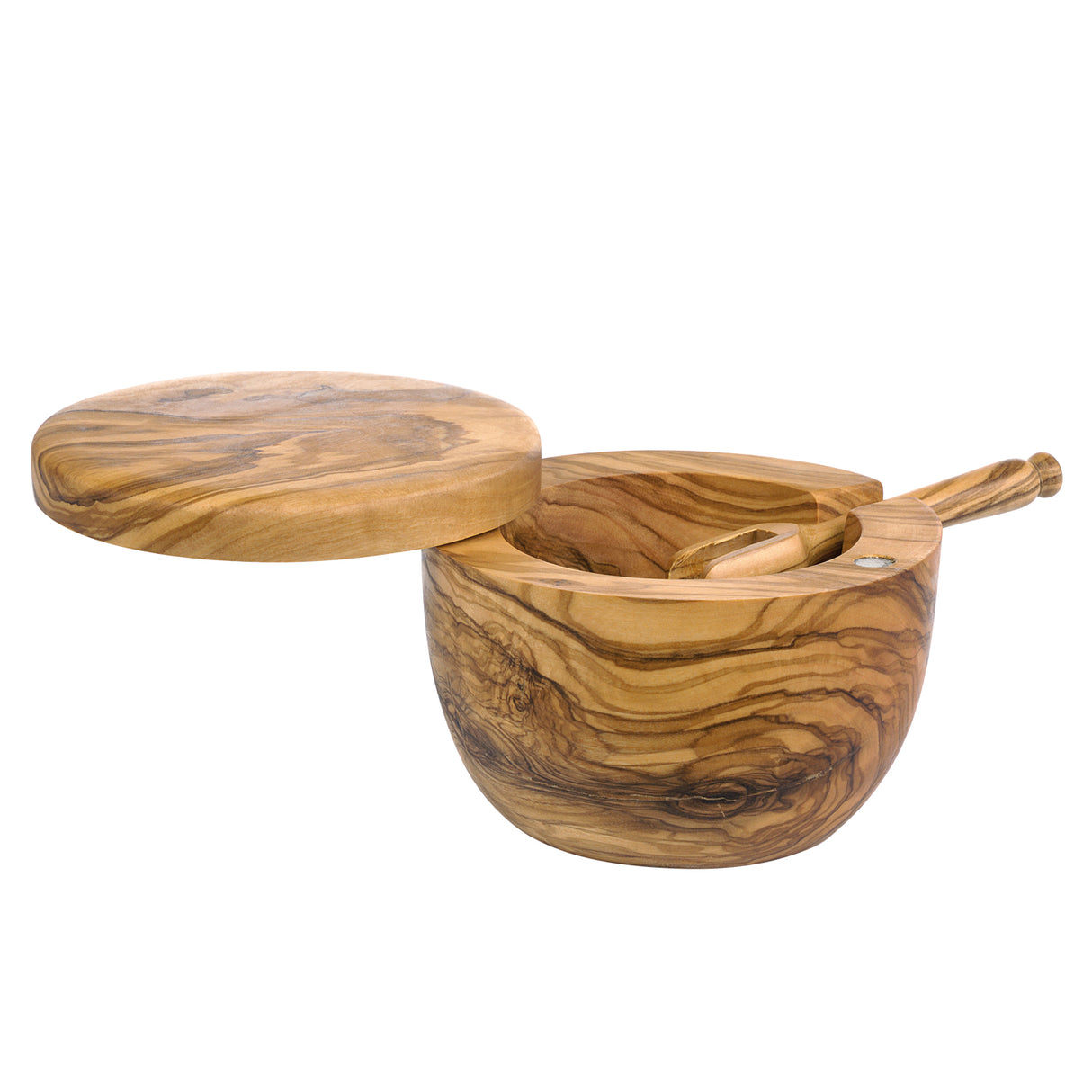 Salzbehälter mit Deckel und Löffel aus Olivenholz, Ø 11cm