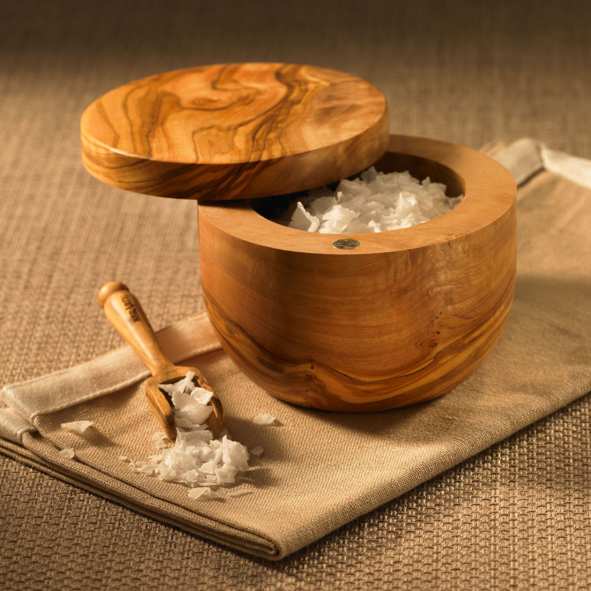 Salzbehälter mit Deckel und Löffel aus Olivenholz, Ø 11cm