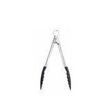 Black CUISIPRO cooking tongs with stainless steel handles, showing a close-up of the tongs open ready for use.