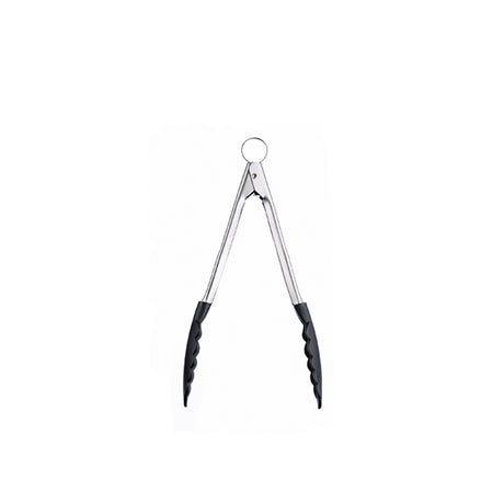 Black CUISIPRO cooking tongs with stainless steel handles, showing a close-up of the tongs open ready for use.