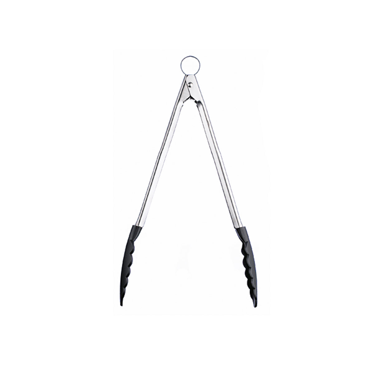 CUISIPRO black cooking tongs with stainless steel tips for grilling and kitchen use, ergonomic handle design.