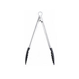 CUISIPRO black cooking tongs with stainless steel tips for grilling and kitchen use, ergonomic handle design.