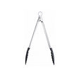 CUISIPRO black cooking tongs with stainless steel tips for grilling and serving food.