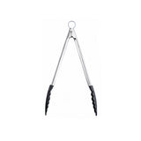 CUISIPRO black cooking tongs with stainless steel tips for grilling and serving food.