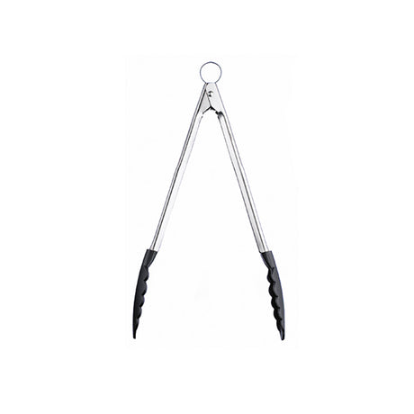 CUISIPRO black cooking tongs with stainless steel tips for grilling and serving food.