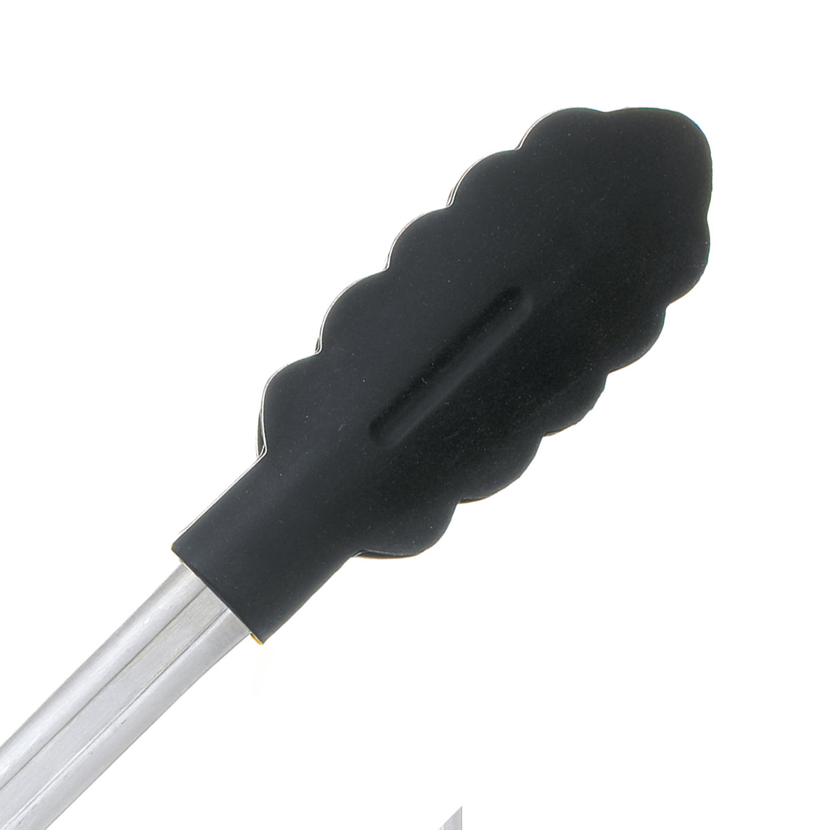 Black CUISIPRO cooking tongs with stainless steel tips, designed for grilling, serving, and food handling in the kitchen.