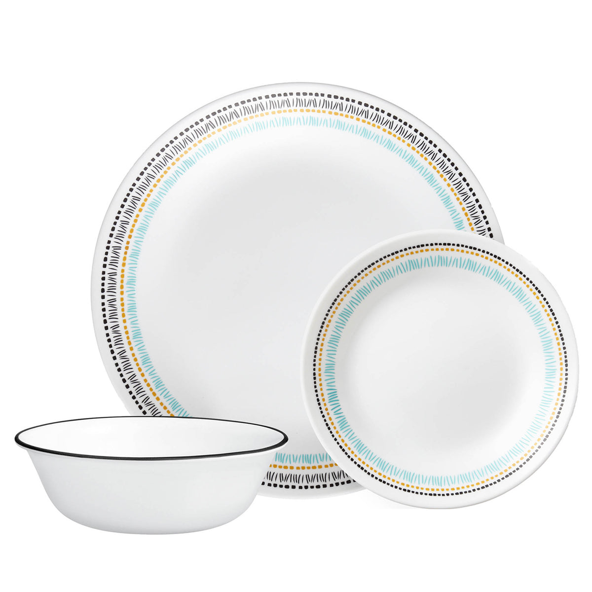 Corelle Paloma white dinnerware set with colorful graphic pattern, includes plates and bowls, durable ceramic dishware.