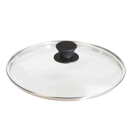 Black LODGE cookware lid with a handle, designed to fit compatible pots and pans, made of durable material.