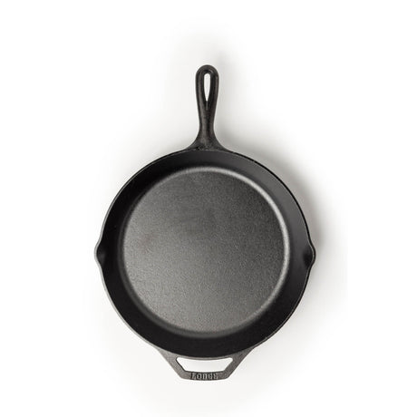 Lodge Classic cast iron skillet in black with sturdy handle, suitable for frying and searing cooking tasks.