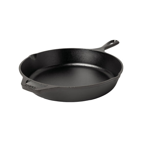 Lodge Classic black cast iron skillet pan, durable and versatile cooking utensil with a smooth cooking surface.