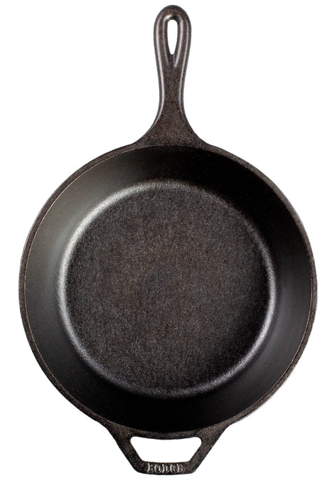 Lodge classic black cast iron skillet, 25.4 cm diameter, showing the sturdy handle and smooth cooking surface.