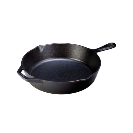 Lodge classic black cast iron skillet with textured cooking surface and sturdy handle, suitable for versatile stovetop and oven use.