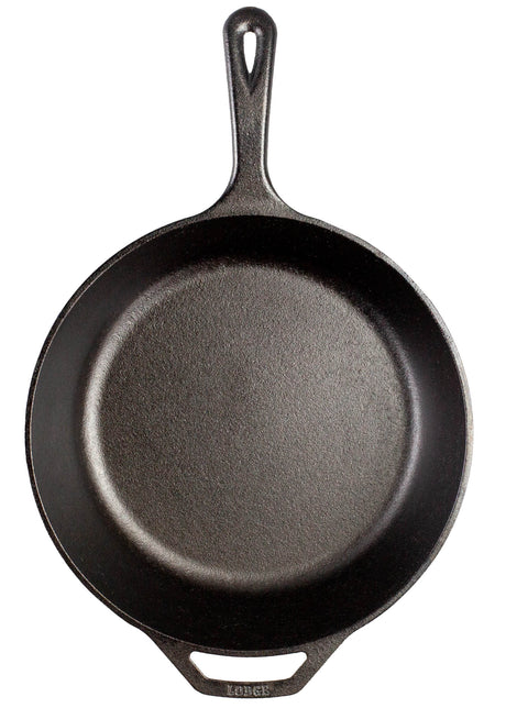 Lodge classic black cast iron skillet, 30.5 cm diameter, suitable for stove and oven cooking, with a smooth cooking surface.
