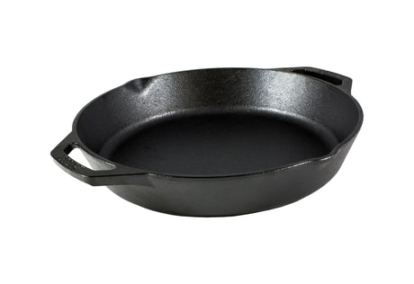Lodge classic black cast iron skillet displayed with a handle and cooking surface, perfect for versatile stovetop use.