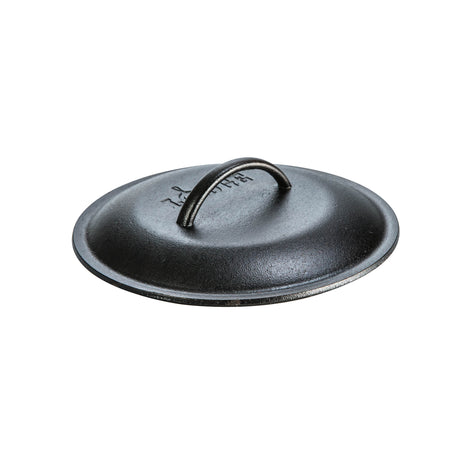 Black LODGE Classic pot lid with a handle, designed to fit LODGE cookware, shown in a close-up image.