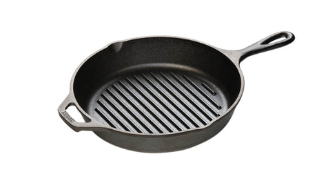 Lodge Classic black cast iron grill pan with 25.4 cm diameter, shown with textured cooking surface and sturdy handle.