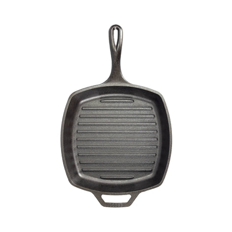 Lodge Classic square black grill pan with a 26.7 cm diameter, cast iron construction for outdoor or indoor grilling.