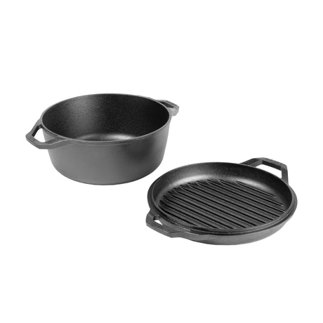Lodge black 5.7L Dutch oven with lid, chef-style cast iron cookware, suitable for baking, braising, and roasting.