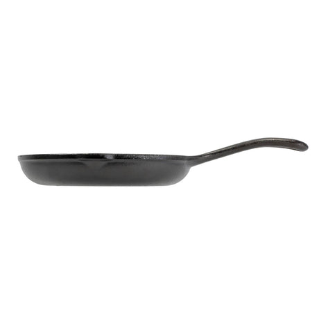 Black Lodge Chef cast iron pan with long handle, showing a smooth cooking surface and sturdy construction.