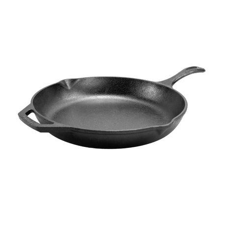 Lodge black cast iron skillet chef pan with long handle, suitable for stove and oven cooking, high-quality cookware.