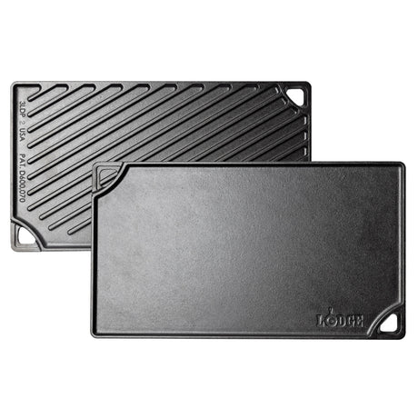 Lodge 42.5 cm black 2-sided Classic grill plate with smooth and ridged surfaces for versatile outdoor cooking.