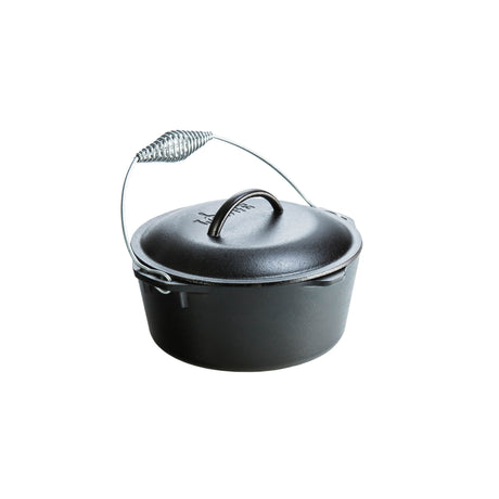 Lodge classic black Dutch oven with lid, made of durable cast iron, suitable for stovetop and oven cooking.