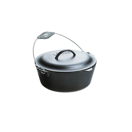 Lodge classic black Dutch oven with sturdy handle and lid, ideal for cooking stews, roasts, and baking in the kitchen.