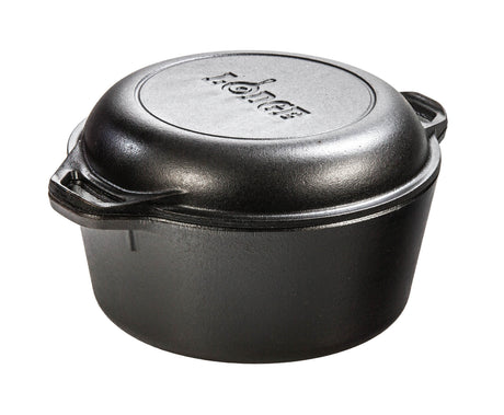 Lodge 12.3L black cast iron Dutch oven with lid, ideal for baking, roasting, and slow cooking in a durable, classic design.