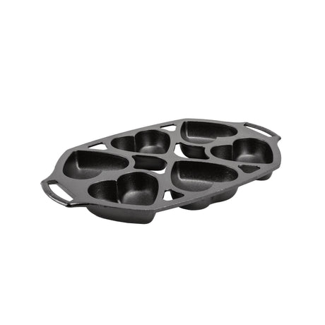 Lodge classic black 6-heart cake pan for baking, made of durable material, ideal for creating shaped desserts and cakes.