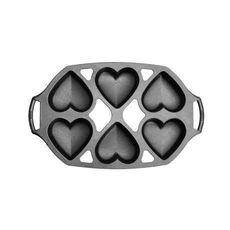 Lodge classic black 6-heart cake pan with non-stick coating, ideal for baking shaped desserts and special occasions.