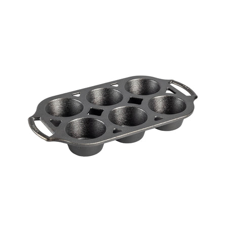 Lodge classic black muffin pan with multiple muffin cups, durable non-stick bakeware for baking muffins and cupcakes.