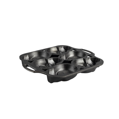 Lodge classic black cake mold with six skull-shaped cavities for creative baking and decorative desserts.