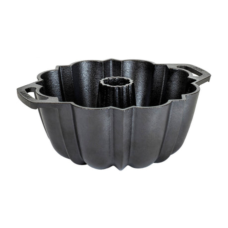Black LODGE classic cake pan with a smooth, non-stick surface and sturdy construction for baking delicious cakes.