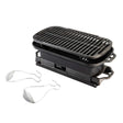 Lodge Sportsman’s Pro black grill with sturdy handles and cooking surface, ideal for outdoor grilling and barbecues.