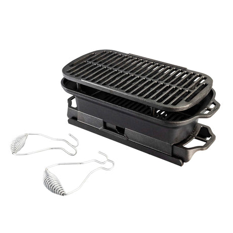 Lodge Sportsman’s Pro black grill with sturdy handles and cooking surface, ideal for outdoor grilling and barbecues.