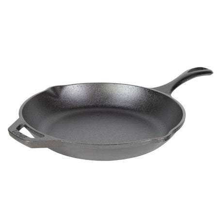 Lodge black cast iron skillet chef pan with handle on a white background, showing the durable cooking surface and sturdy construction.